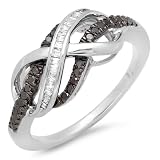 0.25 Carat (ctw) Sterling Silver Round & Baguette Cut Black & White Diamond Ladies Swirl Infinity Two Tone Wedding Ring 1/4 CT