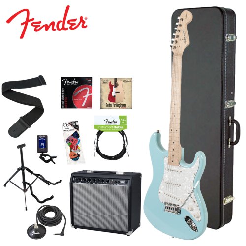 Fender Starcaster JF-028-0002-504-KIT-4 Daphne Blue Electric Guitar with Stand, Strap, Strings, Case, DVD, Tuner, Picks, Cable, Footswitch and 25W Amplifier