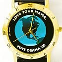 Obama Watches - Uni-Sex Barack Obama Stainless Steel & Gold IP "LOVE YOUR MAMA. VOTE FOR OBAMA" Watch with Black Leather Band #A05