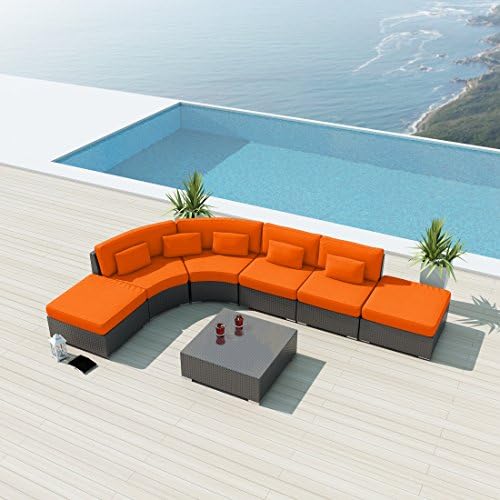 NEW Uduka Minbari 7pcs Outdoor Round Orange Sectional Patio Furniture Espresso Brown Wicker Sofa Set All Weather Couch