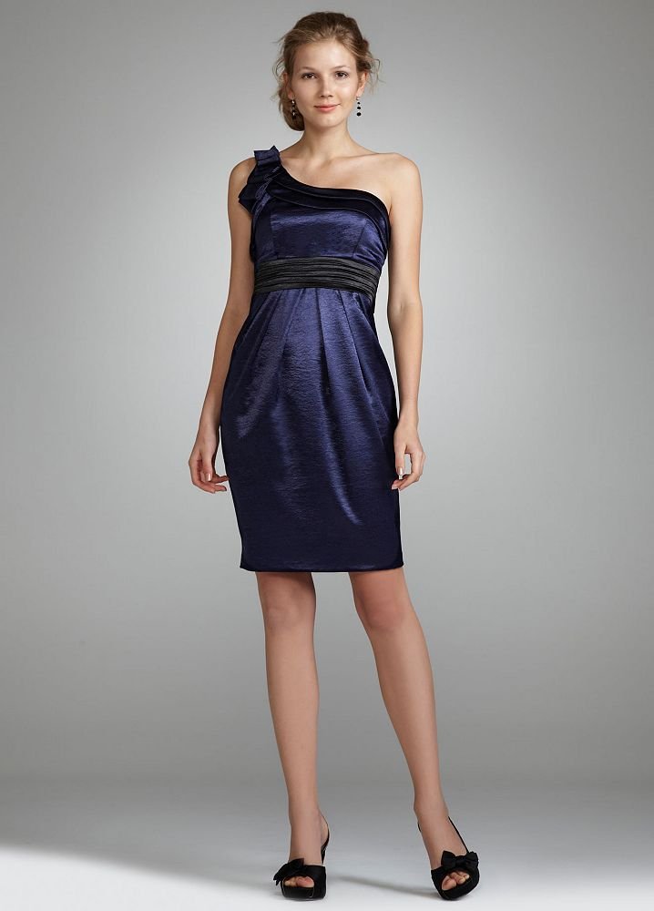 David's Bridal One Shoulder Satin Dress with Tie Back Waist Style 