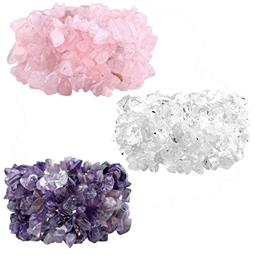 JOVIVI® Set of 3 Multi Strands Amethyst Crystal Quartz Gemstone Chips Chunky Stretch Bracelet