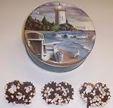 Scott's Cakes 1 lb. Milk Chocolate Covered Pretzel with Chocolate Chips & White Chocolate Chips in a Lighthouse Tin