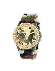 Geneva Silicone Ceramic Style Green Camouflage Band Watch Large Face Crystal Bezel Multi Tone with Black and Brown Colors