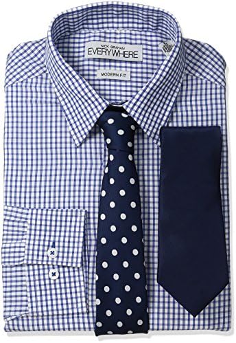 Nick Graham Everywhere Men's Check Dress Shrit with Two Ties, Blue, Large/L 16/16.5" Neck 34/35" Sleeve