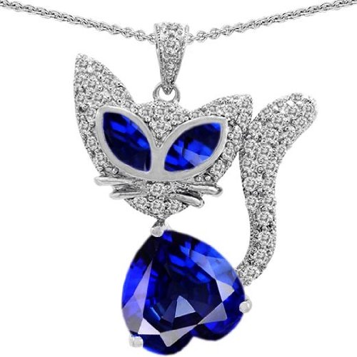 CandyGem 925 Silver Kitty Cat Heart Pendant with Created Sapphire