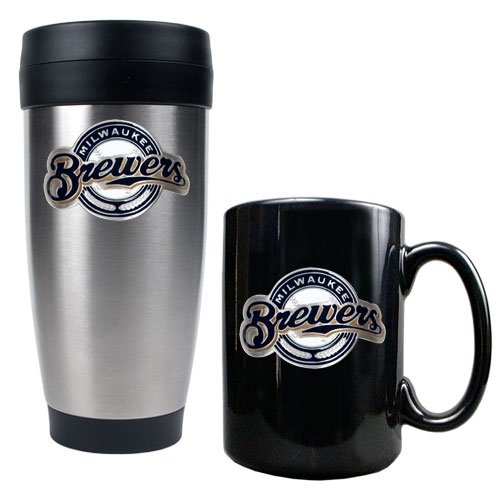 MILWAUKEE BREWERS MLB STAINLESS STEEL TRAVEL TUMBLER & BLACK CERAMIC MUG SET - PRIMARY LOGO