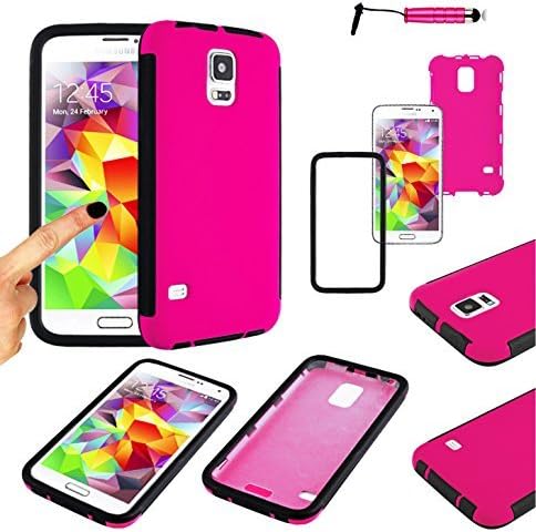 Magic Global Gadgets - Pink Front & Back Full Body Protector Hard Armour Hybrid Shock Proof Case Cover For Samsung Galaxy S5 SV i9600 (SM-G900F/H/I/K/M/A/T/V/R4/P) With Built In Screen Protector & Mini Stylus Pen