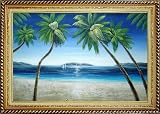 Beach with Palm Trees in Hawaii Oil Painting, with Linen Liner Gold Wood Frame 30.5 x 42.5 inches