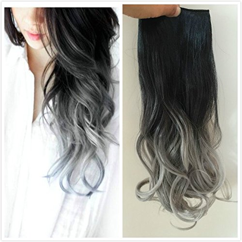 One piece 3/4 Full Head Clip in Hair Extensions Ombre One Piece 2 Tones Wavy Curly (black to grey)