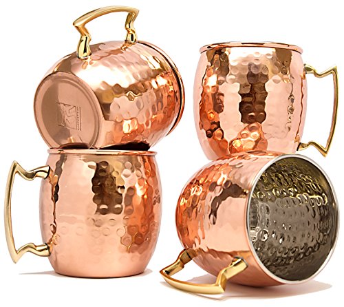 Coppertisan Barrel Hammered Copper Moscow Mule Mug, 18 oz - Set of 4 - Handmade of 100% Pure Copper, Nickel Lined, Brass Handle
