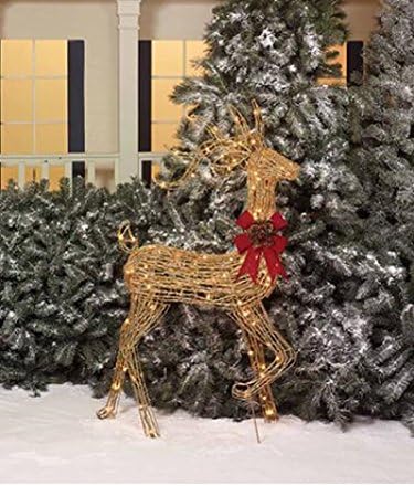 52" Tall Pre Lit Lighted Deer Grape Vine Looking Christmas Holiday Yard Art w/ Bow,Gold, Greens & Pine Cones