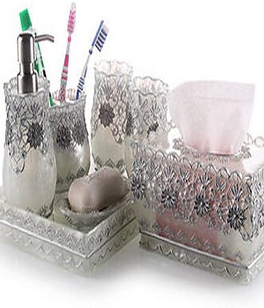 7 Piece Bath Collection Set Resin Material Silver Color,Bath Ensemble, Bath Accessory Set