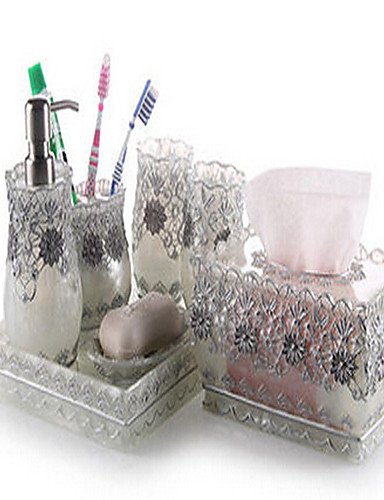 7 Piece Bath Collection Set Resin Material Silver Color,Bath Ensemble, Bath Accessory Set