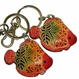 Fish Design, Bag-charms or Key-chain, a Pair Set, Red Base W/beautiful Pattern!