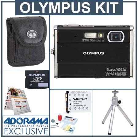 Olympus Stylus 1050 SW Digital Camera Kit, Black with 2 GB xD Picture Memory Card, Spare LI-42B Type Lithium-ion Battery, Camera Bag, Table Top Tripod, EZ Digital Photography Guide Card. Professional Lens Cleaning Kit