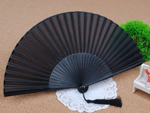Japanese Design Silk Handheld Folding Fan with gift case and butterfly tassel,Black Silk Fan HF62