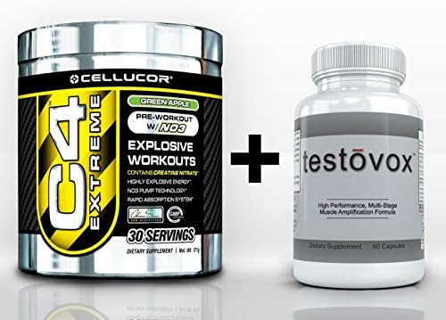 Cellucor C4 Extreme Pre-Workout (30 Servings) & TESTOVOX (60 Capsules) - High Performance Muscle Building Combo. Professional Strength Bodybuilding Supplement Stack (Green Apple)