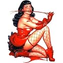 Bettie Page / Betty Page - HUGE JUMBO Fishnet & Whip Devil Pose - 7 1/4" x 9 1/2" Sticker / Decal on Clear Background