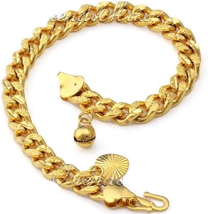 TKC 18K Gold Filled Curb Cuban Women Girl Bracelet 6 mm 10" Heart Bell Charms