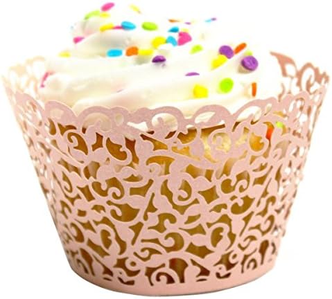 Guzila 24pcs Filigree Vine Lace Laser Cut Cupcake Wrappers Muffin Case Tray Baking Cup Wedding Party Decoration Card(Pink)