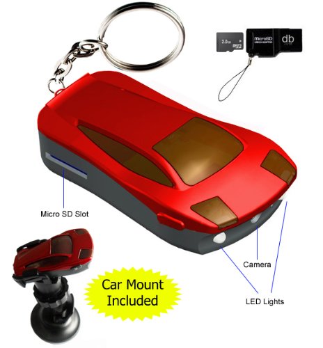 Red Car Keychain LED Flashlight with Built-in Video Camera with Sound + Voice Recorder - Supports up to 32gb Micro SD Card, Includes 2gb Card + DBRoth Card Reader