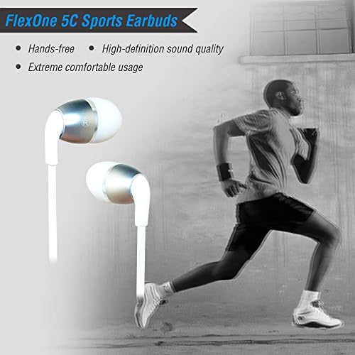 Oduo FlexOne 5C Corded Earphones. Intelligent Inline Volume Controller Compatible with iOS and Android. Inline Microphone. Multi-Size Earplugs and Carrying Case Included (White)