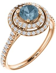 14K Rose Gold Round Cut Blue and White Diamond Double-Halo Ring -- LIFETIME WARRANTY