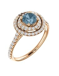 18K Rose Gold Round Cut Blue and White Diamond Double-Halo Ring -- LIFETIME WARRANTY