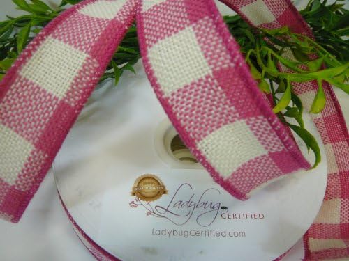 Wired Burlap Ribbon, Pink and Cream Plaid, One &amp; one-half inches wide, 25 Yards per Spool