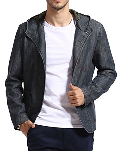XIUYI Men's Cotton Casual Slim Fit Button Up Hood Denim Jacket Coat L Black Grey