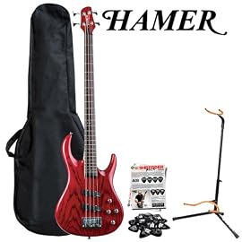 Hamer VEL2A-TRD Trans Red Electric Velocity Bass Guitar with GO-DPS Planet Waves Shredder Pick Pack PW-SHRED, Ultra Stand 2445BK ,Gig Bag