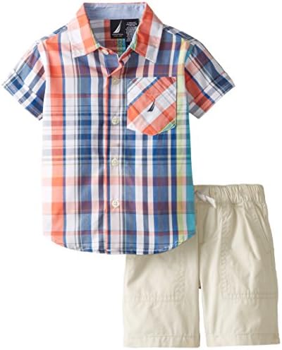 Nautica Baby Boys' 2 Piece Short Sleeve Plaid with Drawstring Short, Coral Sun, 18 Months