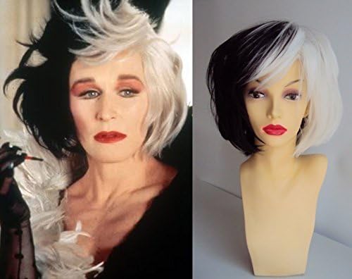 Deluxe Cruella Deville Voluminous Black &amp; White Mid Length Bob Costume Wig by Simon Says