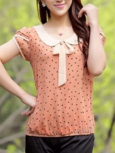 シャツ ブラウス ドレスシャツ 大きい サイズ 有 可愛い ドット 柄 シフォン シャツ 半 袖 トップス リボン 丸 襟 水玉 桃 (オリジナル・ブレスレットとサシェセット)