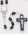 18" Silver Tone Rosary with 6mm Black Wood Beads, Virgin Mary Centerpiece, and Black Crucifix - Imported from ITALY