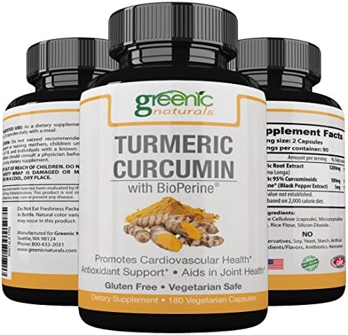 Greenic Naturals Turmeric Curcumin with BioPerine(Black Pepper) for Joint Support - 180 Capsules