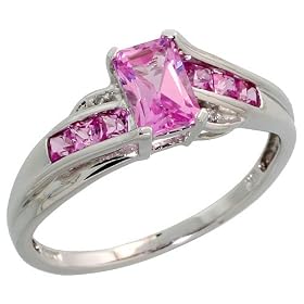 10k White Gold Ring, w/ 1.06 Total Carat Brilliant Cut Diamonds & Emerald Cut Pink Topaz Stones, 1/4