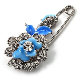 Silver Tone Crystal Rose Safety Pin Brooch (Light Blue)