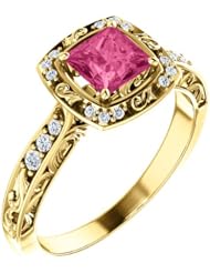 18K Yellow Gold 5.00x5.00mm Princess Cut Pink Tourmaline and Diamond Ring -- LIFETIME WARRANTY