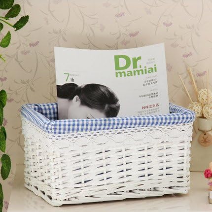 White Rattan Woven Basket Checked Fabric Lined Laundry / Magazine / Home Storage Basket L11.41xw7.48xh5.9inch