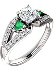 14K White Gold Round Cut Diamond and Emerald Ring -- LIFETIME WARRANTY
