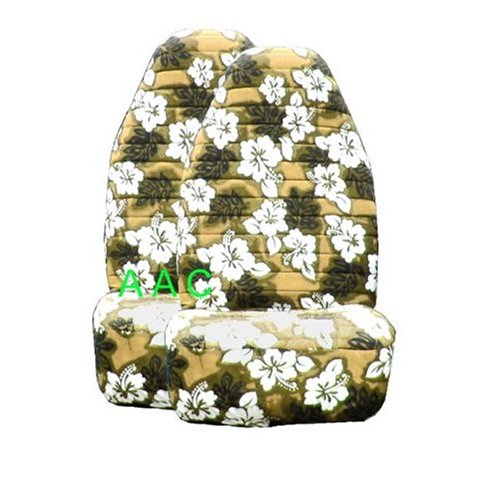 Set of 2 Universalfit Hawaiian Hibiscus Floral Print Front Bucket Seat Cover Tan