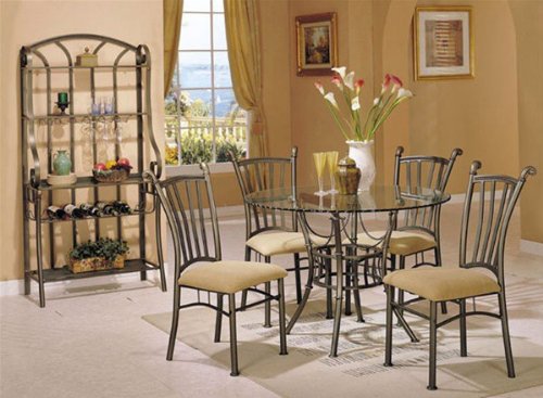 5 pc metal and glass dining table set with fabric upholstered seats