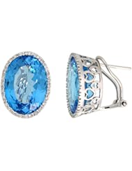 14k White Gold Large Stone French Clip Earrings, w/ 0.33 Carat Brilliant Cut Diamonds & 19.00 Carats 16x12mm Oval Cut Blue Topaz Stone, 3/4" (19mm) tall