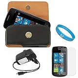 Executive Leather Protective Pouch Case with Removable Adjustable Belt Clip for Samsung Focus Samsung i917 Windows Mobile Phone + Clear Screen Protector + Rapid Travel Wall Charger with IC Chip + SumacLife TM Wisdom Courage Wristband