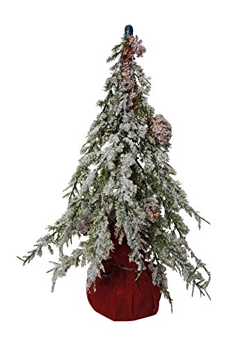 Small Snowy Tabletop Christmas Tree in Red Gift Bag with Pinecones