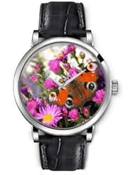 SPRAWL Aanalog Fashion Series Silver Ladies Watches of Genuine Black Leather Strap,Unique Wrist Watch for Women Girls Designed with Butterfly with eyes in pink flowers