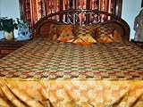 7p Gold Silk Sari Bedding Throw Indian Bedspread Coverlet with Pillow Shams
