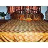 7p Gold Silk Sari Bedding Throw Indian Bedspread Coverlet with Pillow Shams